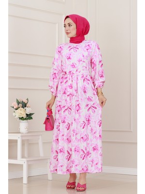 Kuşaklı Çiçekli Lina Elbise-Pembe