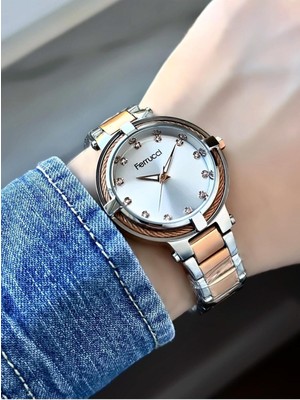 Kadın Metal Kordon Çift Renkli Örgü Kasa Kadranı Taşlı Kol Saati