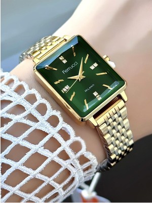 Ferrucci Milano Kadın Kol Saati – Taşlı Kadran, Kesme Cam, Dikdörtgen Kasa, Altın Metal Kordon