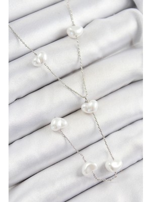 Pirinç Incili Kalp Figürlü Y Model Gümüş Renk Kadın Kolye