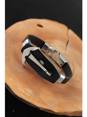 Deniz Çapalı Metal Aksesuarlı Siyah Renk Deri Erkek Bileklik