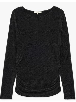 Slim Fit Uzun Kollu Kayık Yaka Simli Tişört