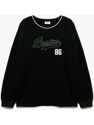 Pamuklu Baskılı Bisiklet Yaka Uzun Kollu Tişört