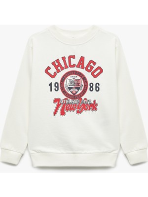 Baskılı Uzun Kollu Bisiklet Yaka Pamuklu Şardonlu Sweatshirt