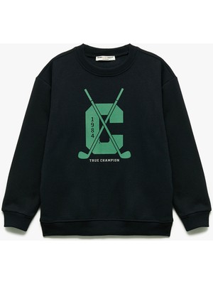 Uzun Kollu Bisiklet Yaka Baskılı Şardonlu Sweatshirt