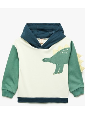 Dinozor Baskılı Pamuklu Uzun Kollu Kapşonlu Sweatshirt