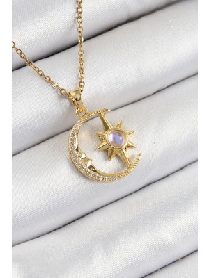 316L Çelik Zirkon Taşlı Kutup Yıldızlı Hilal Model Gold Renk Kadın Kolye