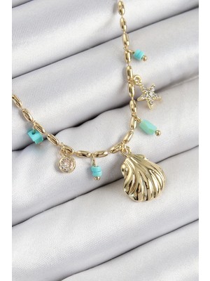 Pirinç Zirkon Taşlı Deniz Kabuğu Model Gold Renk Kadın Kolye