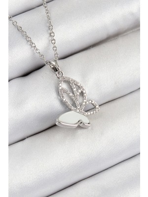 316L Çelik Zirkon Taşlı Kelebek Model Gümüş Renk Kadın Kolye