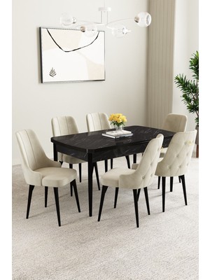 Clara Siyah Mermer Desen 80X132 Açılabilir Mdf Masa Yemek Odası Takımı,mutfak Takımı 6 Adet sandalye