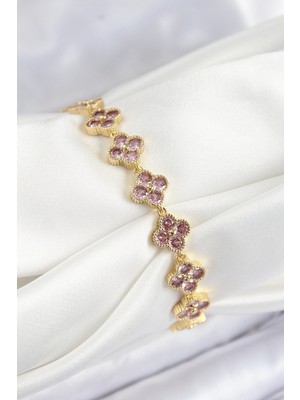 Pirinç Pembe Zirkon Taşlı Yonca Model Gold Renk Vıp Seri Kadın Bileklik