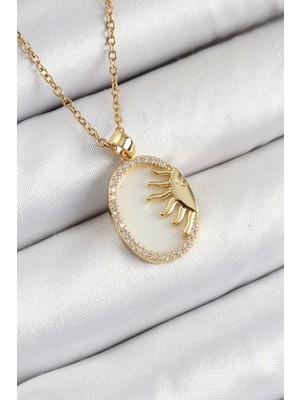 316L Çelik Zirkon Taşlı Yarım Güneş Model Gold Renk Kadın Kolye