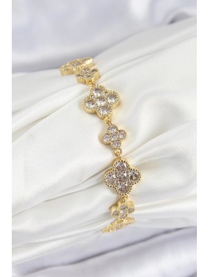 Pirinç Zirkon Taşlı Yonca Model Gold Renk Vıp Seri Kadın Bileklik