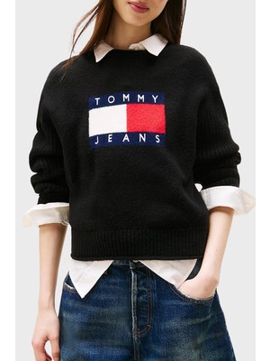 Tommy Jeans Logolu Yün Karışımlı Relaxed Fit Bisiklet Yaka Kazak Bayan Kazak DW0DW21782 Hev