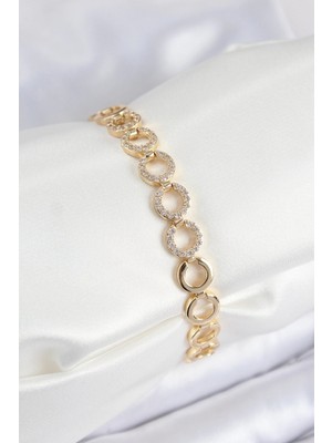 Pirinç Zirkon Taşlı Sıralı Halka Model Gold Renk Kadın Bileklik