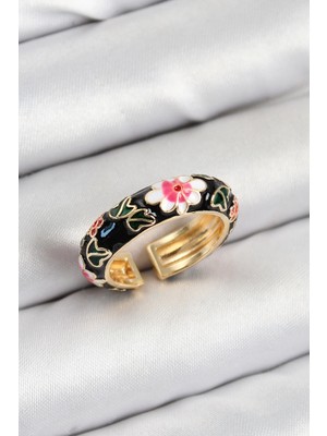 Pirinç Siyah Mineli Çiçek Motifli Gold Renk Ayarlanabilir Kadın Yüzük