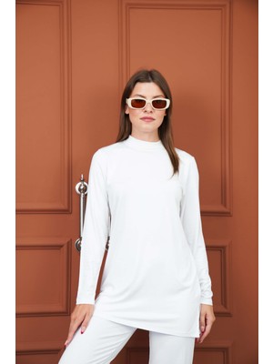 Viskon Dik Yaka Tunik -Beyaz