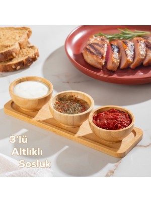 2078 3lü Ahşap Bambu Standlı Kase Sosluk Reçellik Çerezlik Ikramlık Sunumluk Seti Takımı