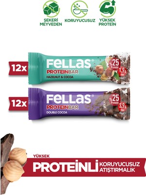 Fellas Protein Bar (32 g) Süper İkili Kutu - 24 Adet (Duble Kakaolu x 12 + Fındıklı ve Kakaolu x 12)