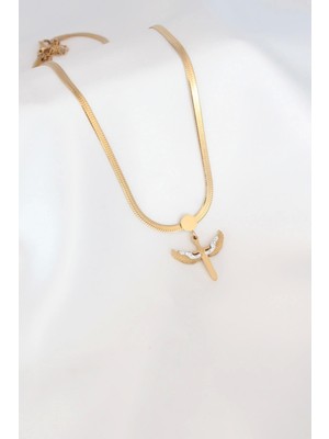 Mikail Figür Zirkon Taş Detay Gold Renk Çelik Italyan Zincir Kadın Kolye