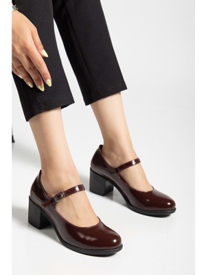 Kadın Hakiki Deri Bantlı Topuklu Ayakkabı - Bordo Rugan