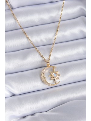 316L Çelik Gold Renk Zirkon Taşlı Ay Yıldız Model Kadın Kolye