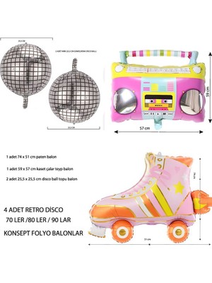 Retro Disko 80 Ler 90 Lar Party Teyp Balon Paten Şekilli Folyo Balon 4 Adet