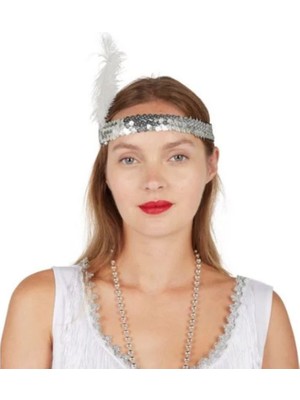 Gümüş Silver Renk Çarliston Tüylü Saç Bandı 80 Li Yıllar Retro