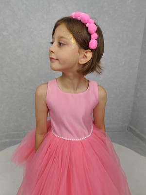 Kız Çocuk Ada Model Abiye Pembe Bel Incili Elbise