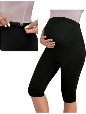 Korse Etkili Toparlayıcı Bel Ayarlı Rahat Günlük Düz Siyah  Pamuklu Hamile Dizaltı Kapri