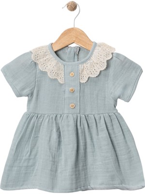 Yaka Dantelli Elbise Mavi