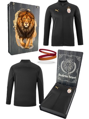 Galatasaray Orijinal Lisanslı 5 Yıldızlı A Takım Tam Fermuarlı Antrenman Üst Siyah Sweat + Silikon Bileklik Set Hediyelik Ahşap Kutulu