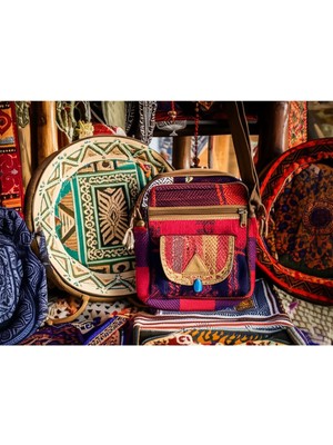 Etnik Desenli El Yapımı Çanta Kilim Dokuma Çanta Otantik Askılı Desenli Retro Omuz Çantası