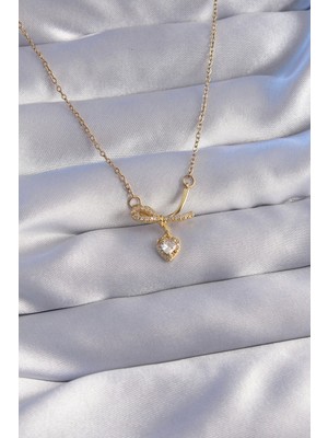 316L Çelik Zincir Gold Renk Zirkon Taşlı Yarım Fiyonk Kalp Kolye