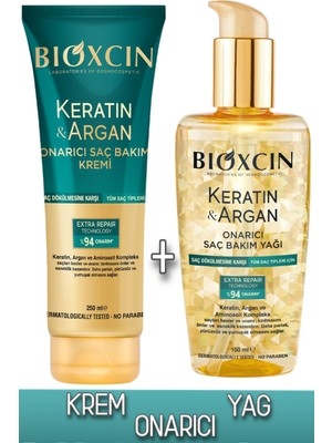 Bioxcin Keratin & Argan Onarıcı Saç Bakım Kremi 250 ml + 150 ml Yağ Tüm Saç Tipleri İçin Vegan Formül