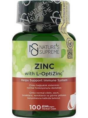 Nature's Supreme 100 Kapsül Çinko 15 mg L-OptiZinc® İçerikli Bağışıklık Destekleyici