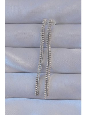 Butik Pirinç Gümüş Renk Zirkon Taşlı Su Yolu Model Küpe