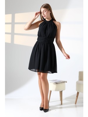 Mois Atelier Siyah Şifon Kuşaklı Halter Yaka Mini Abiye Nikah Elbise Hediye Büyük Beden