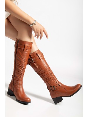 Kadın Hakiki Deri Körüklü Ayarlanabilir Tokalı Çizme - Kiremit