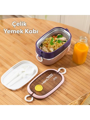 66729-1 Stainless Steel Vakumlu Lunch Box Iki Katlı Paslanmaz Çelik Kolay Kilitlenir Kendinden Kaşıklı Sefer Tası – 1300ML Pembe-Lila