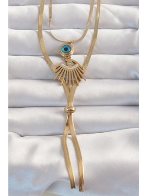 Butik 316L Çelik Gold Renk Zirkon Taşlı Göz Detay Nazarlı Uzun Asansör Model Kolye