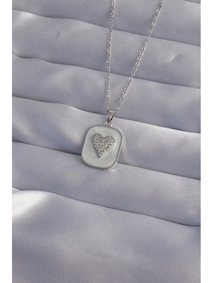 Butik 316L Çelik Zincir Mermer Desenli Gümüş Renk Zirkon Taşlı Kalp Model Kolye