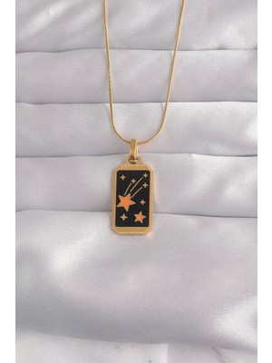 Butik 316L Çelik Gold Renk Siyah Mineli Yıldız Figür Tarot Kolye