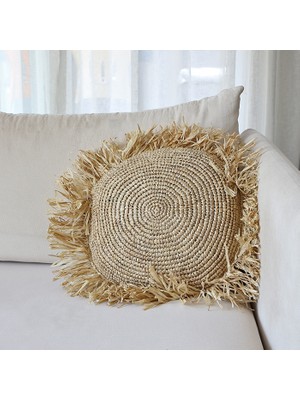 Mylamp Çift Yön Örgü 40X40 Cm. Doğal Rafya Kırlent - (Saçaklı Hali 63 Cm)
