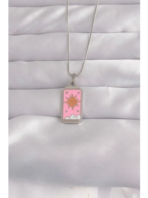 Butik 316L Çelik Gümüş Renk Pembe Mineli Güneş Model Tarot Kolye