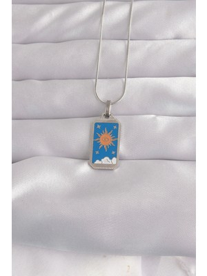 Butik 316L Çelik Gümüş Renk Mavi Mineli Güneş Model Tarot Kolye