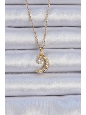 Butik 316L Çelik Zincir Altın Renk Zirkon Taşlı Sallantılı Ay Yıldız Kolye