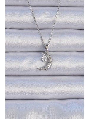 Butik 316L Çelik Zincir Gümüş Renk Zirkon Taşlı Sallantılı Ay Yıldız Kolye