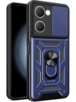 Vivo Y18 Kılıf Magnetik Standlı Kamera Korumalı Zore Sürgülü Vega Kapak - Mavi