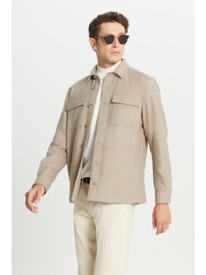 Yünlü Comfort Fit Rahat Kesim Gömlek Yaka Çift Kapak Cepli Mont